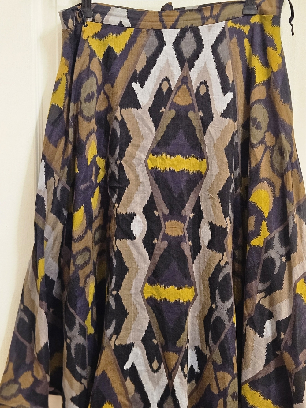 Kasper Multicolor Ikat-Style Midi Skirt in Yellow, Brown, Black, Cream